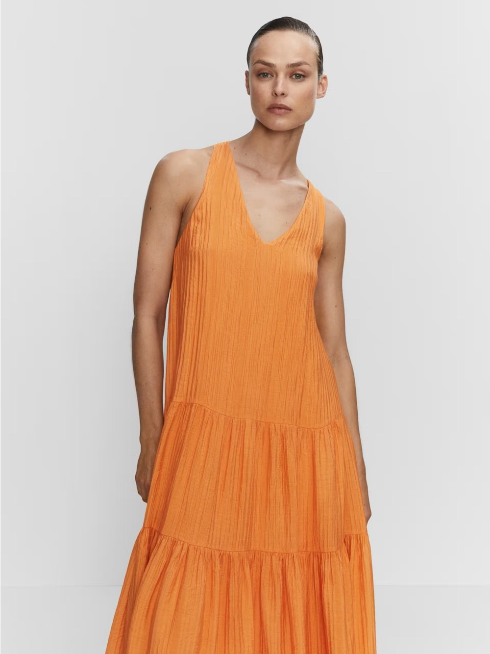 Mango Orange V-Neck Tiered Sleeveless Maxi Dress